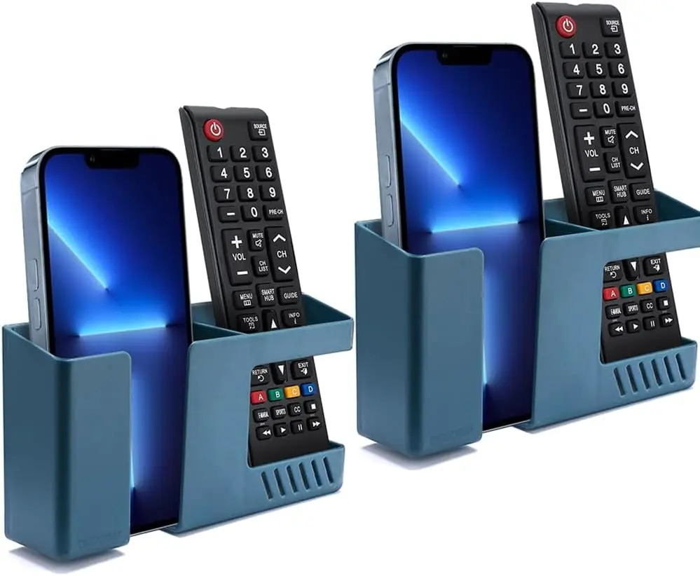 Adhesive Wall Mount Phone Holder D3 Punch-Free Bedside Phone Shelf with  Port, Sticky Remote Control Storage Box, Bathroom & Kitchen Wall Organizer (2 Pack-Blue)