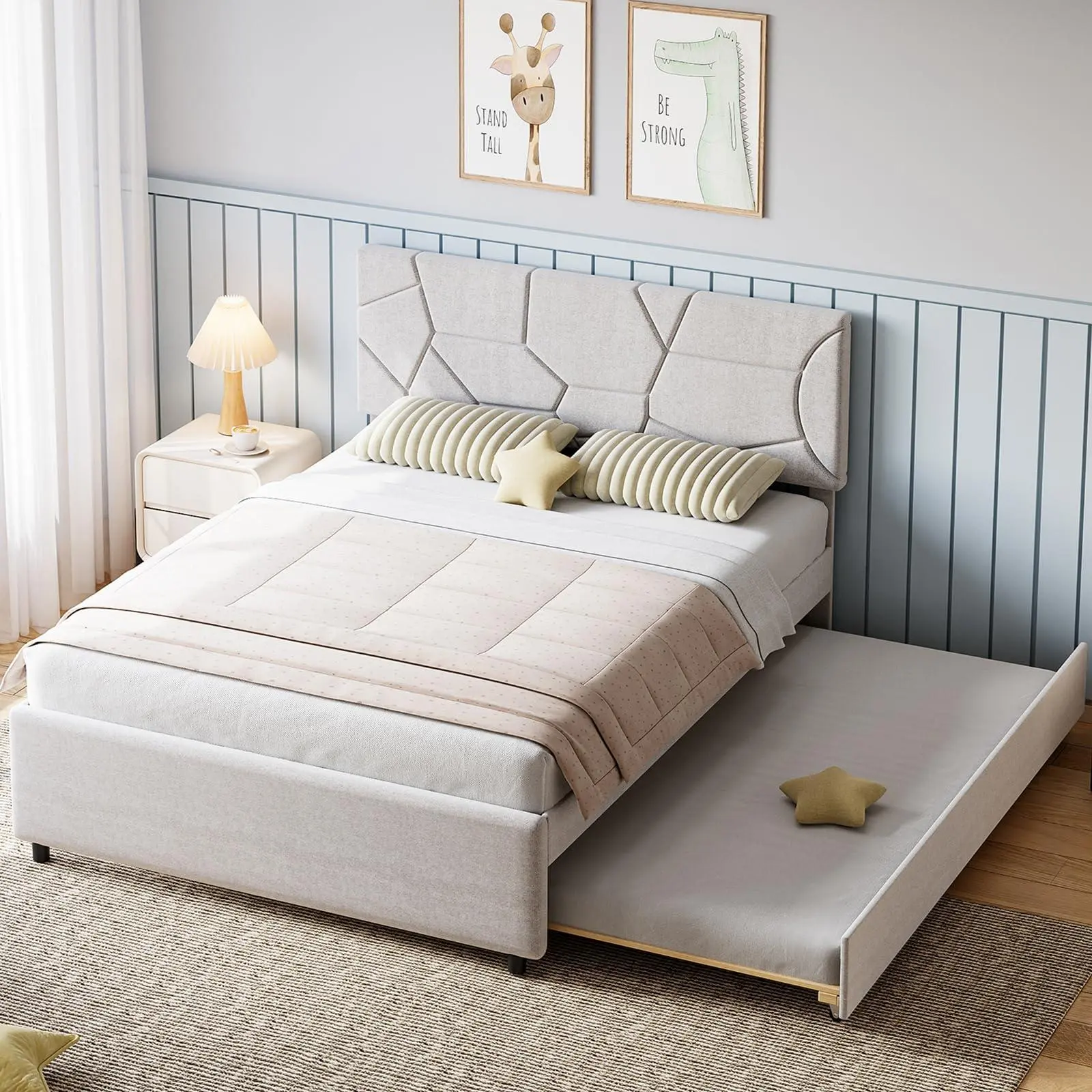 White Queen Size Bed Frame with Trundle, Upholstered Platform Bed Frame with Headboard, Trundle Bed Twin, Wood Slat Support, for Bedroom, Living Room, Guest Room
