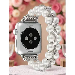 2-Row Pearl & Diamond Watch Band, Fits 38mm 40mm 41mm 42mm 44mm 45mm 46mm 49mm - Women's Elastic Watch Strap - Elegant Fashionable Pearl & Diamond Sparkling Design - Comfortable Lightweight, Replacement Watch Band Acc Alloy