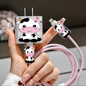 5pcs Pink Bow Cartoon Cow Pattern Cute Style for iPhone 17 16 15 14 13 12 11 Pro Max Charger Cable Protector, Cellphone, Suitable for Apple Charging Head Phone Cable, Anti-Breakage, Anti-Wear, Boyfriend/Girlfriend Gift