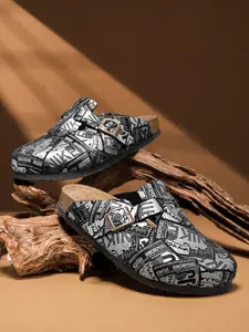 Unisex All-Season Birk Leather Sandals, Classic Random Newspaper Pattern, Adjustable Strap, Casual Outdoor Walking Shoes, Comfortable Fit, Casual Shoes Clogs