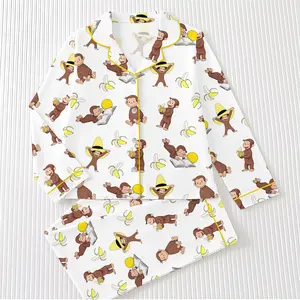 Women's Monkey Print Pajama Set - Comfy Short Sleeve Button-Up Top & Elastic Waist Shorts, Casual Loungewear for All Seasons outdoorfun