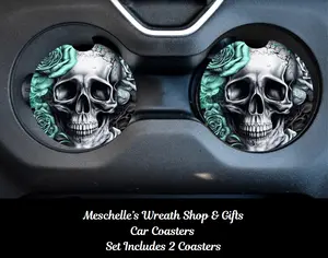 Skull Theme Neoprene/Ceramic Car Coasters, 2-Piece Sublimated Set - Spill Guard Car Interior Accessories for Stylish Cup Protection & Decoration, Neoprene Car Coasters