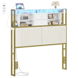 Headboard with 3-Tier Storage Shelves, Velvet Upholstered Headboard with Outlet, 2 USB Ports & LED Light, Headboards Full Size Bed with Two Fabric Drawers