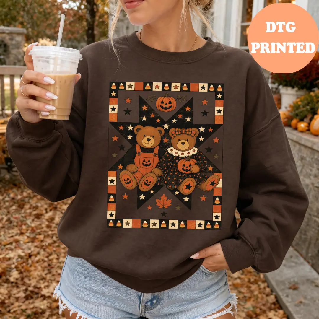 Vintage Halloween Teddy Bear Crewneck Sweatshirt | Pumpkin Bear Fall Sweatshirt | Retro Halloween Quilt Graphic | Cute Halloween DTG Printed Crewneck