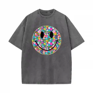 Women's Boxy Breathable Vintage Flower-Print Smile Face T-Shirt, Colorful Fabric, Summer Casual Wear, Gift For Friends,summervibes
