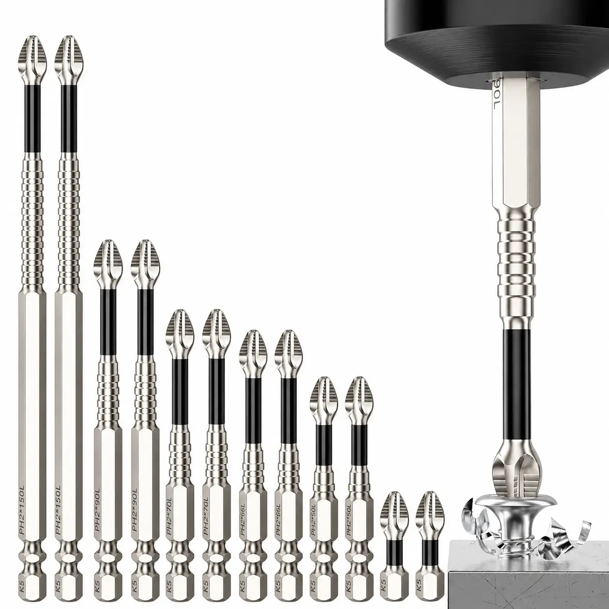 ADESKE 9PCS PH2 Magnetic Screwdriver Bit Set - Impact-Resistant S2 Impact Steel, 1/4" Hex Size Shank, Magnetic Hold, Multiple Sizes, Non-Slip for Power Drills & Electric Screwdrivers, 25-150mm