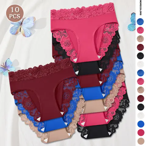 QUASTI Women's 10-Pcs/5 Mix Colors High-Waisted Cheeky Lace Briefs - Romance, Seamless Knit, Smooth Finish, Butt-Lift, Breathable Soft Fabric, Lightweight, Expandable, Full Lace Edge, Foldable, All-Season Underwear for Women, S-XXL Sizes, Retro