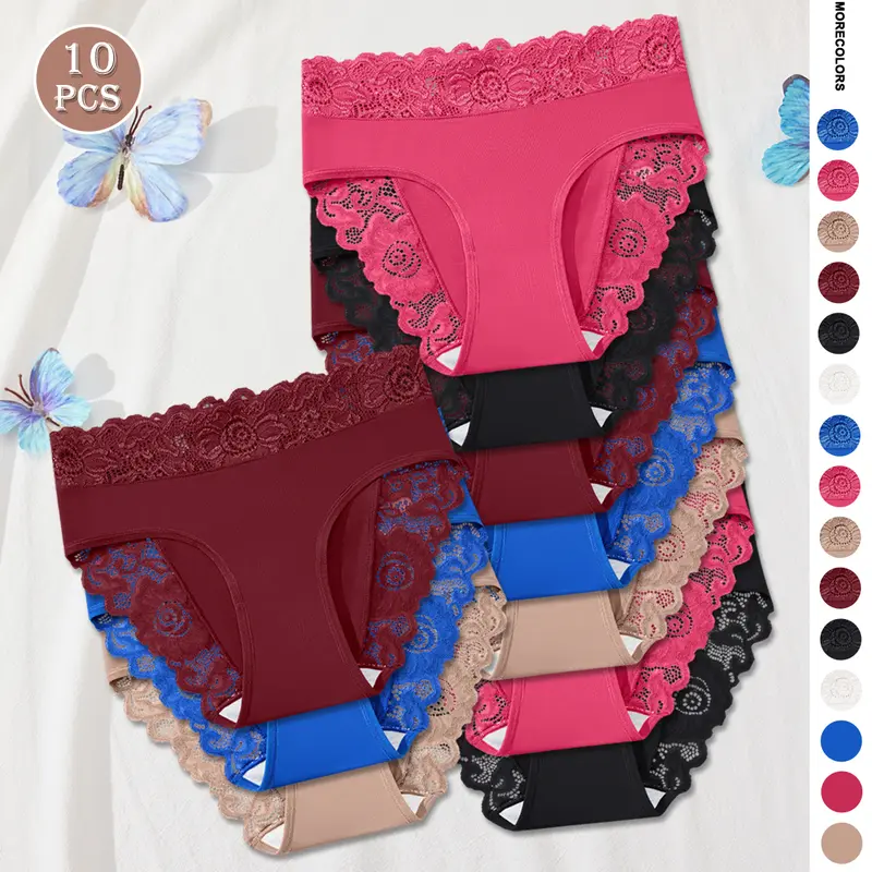 QUASTI Women's 10-Pcs/5 Mix Colors High-Waisted Cheeky Lace Briefs - Romance, Seamless Knit, Smooth Finish, Butt-Lift, Breathable Soft Fabric, Lightweight, Expandable, Full Lace Edge, Foldable, All-Season Underwear for Women, S-XXL Sizes, Retro