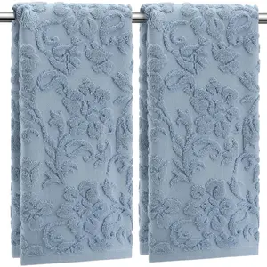 2 count Quality Floral Jacquard Hand Towels Set for Bathroom Blue Hand Towels   Absorbent Decorative Weave Bath Decor Neutral Bathroom Decor , 13.7 x 29.5 Inch