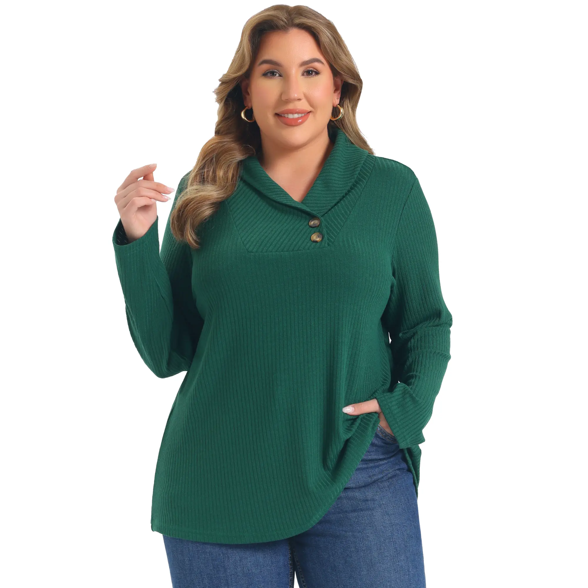 GRACE & GRANDEUR Plus Size Shawl Collar Tops for Women Button Decor V Neck Dressy Casual Blouses Long Sleeve Knit Sweater Pullover