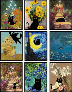 Monet Garden Black Cat Poster Canvas Wall Art Vintage Famous Oil Paintings for Living Room Bedroom Office Decor Bathroom Home Essential Artistic Addition