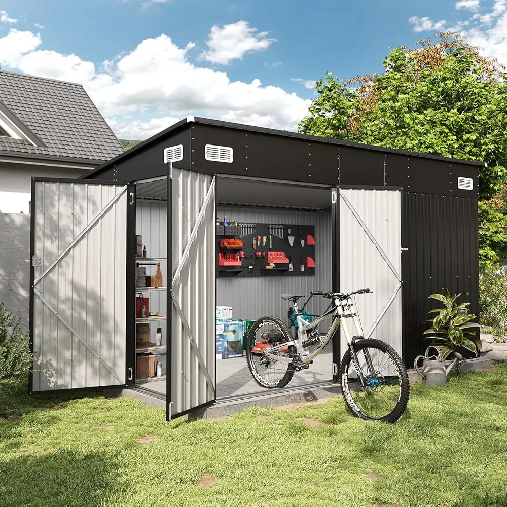 Aoxun 8'x4' Triple Door Shed Outdoor Storage Shed with Three Lockable Door for Easily Accessing Metal Storage Cabinet with Slopping Roof for Tools Bicycles Storage for Garden, Backyards (Black),campingessentials,outdoorfurnitureset,campinggear