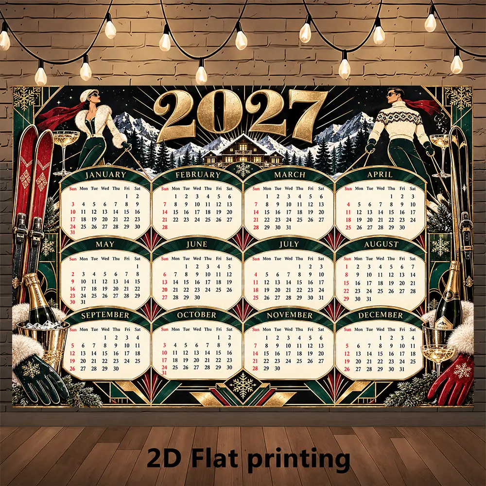 2027 Black Gold Art Deco Geometric Glam Print Calendar Backdrop - Lightweight Festive Party Banner, Wall-Window Decoration Props for New Year Eve Photo Booth, Event Stage
