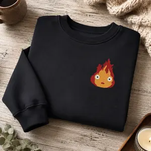 Kawaii Fire Spirit Embroidered Sweatshirt, Black Crewneck Pullover, Cute Cozy Anime Style Gift Shirt