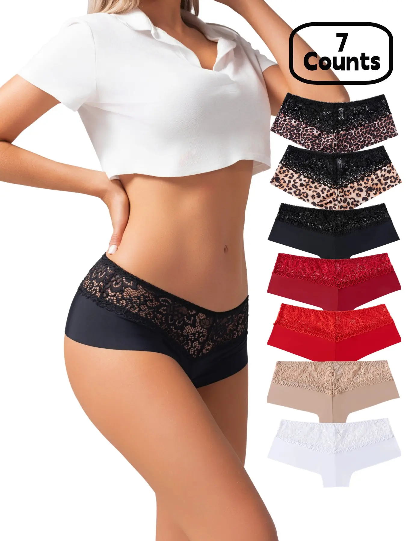 Women's Leopard Print Low Waist Lace Trim Thong Panties, Soft Breathable Panty Ice Silk Underwear, 7 Pack Fashion Seamless Slim Briefs Lingerie