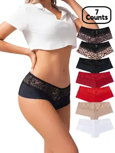 Women's Leopard Print Low Waist Lace Trim Thong Panties, Soft Breathable Ice Silk Underwear, 7 Pack Fashion Seamless Slim Briefs Lingerie