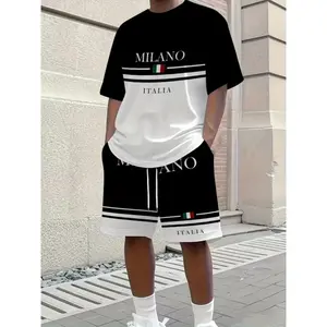 Men's 3D Printed Round Neck T-Shirt Set, Casual Polyester Fabric with Letter Pattern, Shorts with Drawstring and Pockets for Sports & Daily Wear
