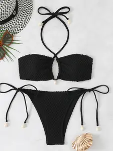 Women's Solid Color Sexy Halter Plain Bikini Set with Shell Decoration, Strapless Swimsuit, Two-Piece Bathing Suit for Summer Beachwear