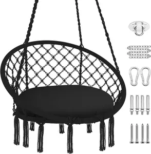 Hammock Chair Hanging Macrame Swing with Cushion and Hardware Kits, Max 330 Lbs, Handmade Knitted Mesh Rope Swing Chair for Indoor, Outdoor, Bedroom, Patio, Yard, Deck, Garden, Black