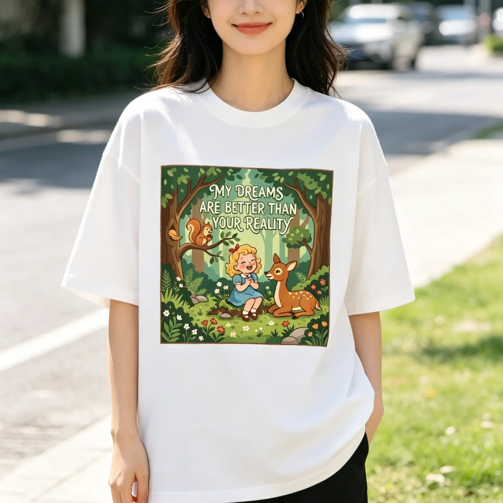 My Dreams Are Better Than Your Reality Vintage Woodland Deer Squirrel Girl Graphic Oversized T-Shirt, Retro Cottagecore Forest Cartoon Unisex Cotton Tee, Dreamer Sassy Aesthetic Casual Top