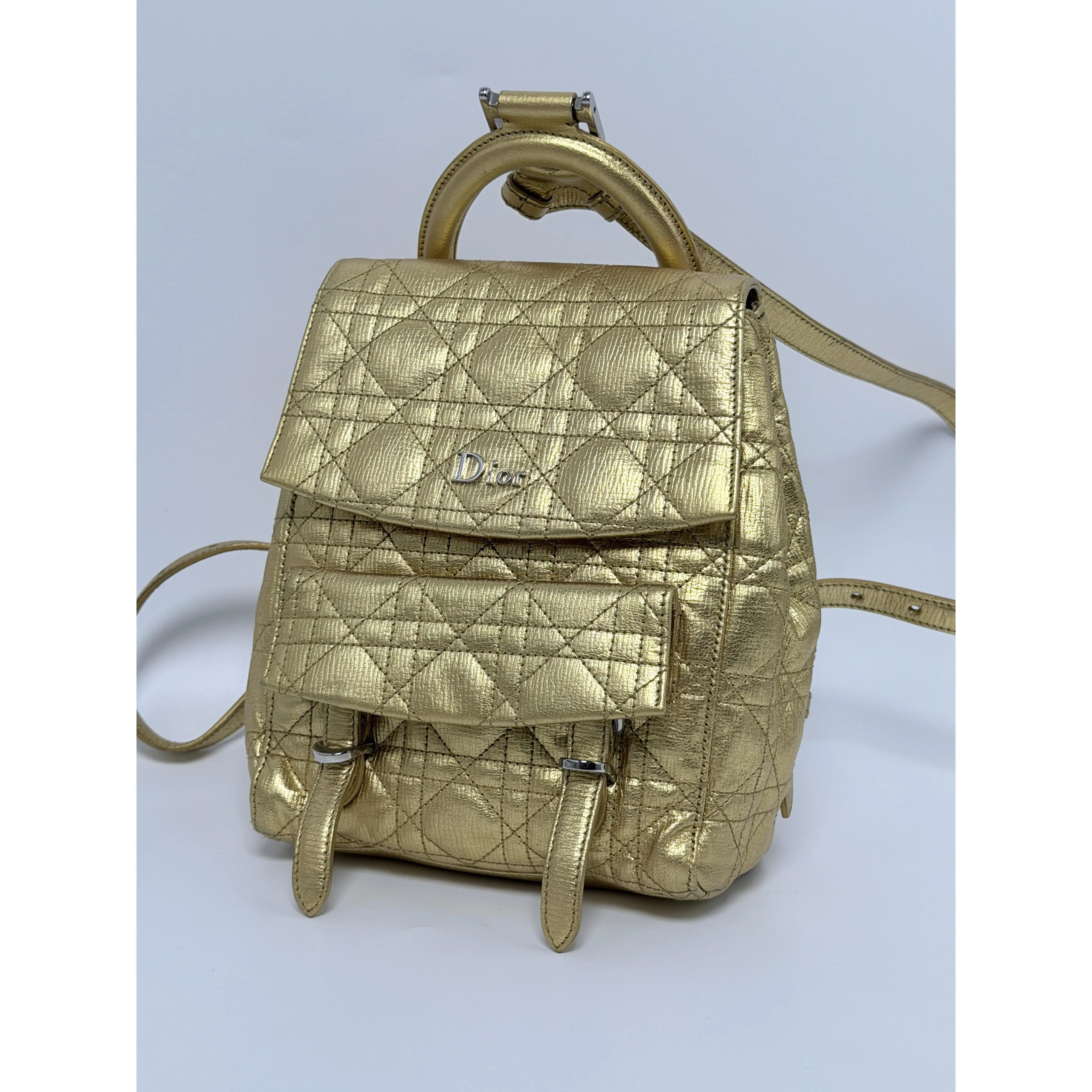 Pre-owned Dior Leather Backpacks Christian Metallic Gold Cannage Quilted Stardust Small Backpack Bag P025CD