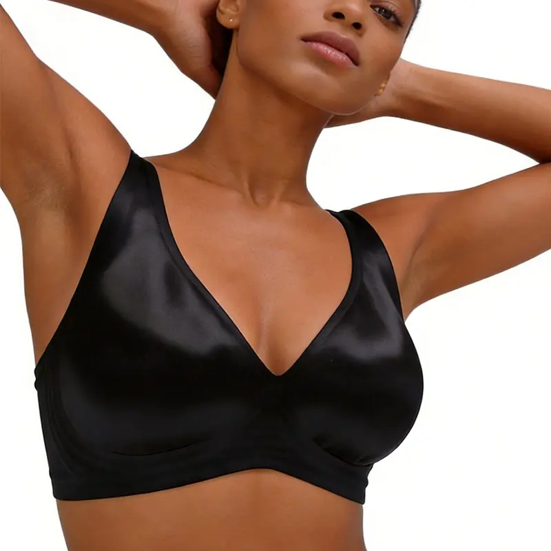 EssElegance Women's Satin Silk Seamless Wireless Bra Shiny Black Deep V Neck Bralette Comfortable Soft Everyday Lingerie Adjustable Straps Push Up Sleep Bra Sexy Smooth Intimates For Ladies Daily Wear Supportive Hook Closure Plunge Top