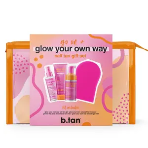 b.tan Clear Self Tanning Gel Travel Size Kit | Glow Your Own Way Gift Set - Includes Mini Dark Fake Tanner Mousse, Gradual Bronzing Face Mist, Express Transfer Free Tan Gel, & Applicator Mitt