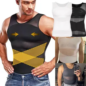 1/2/3 Pack Men Double Compression Vest Chest Tummy Control Shapewear Underwear Breathable Mesh Workout Shirts For Gym Fitness Elastic Spandex Back Support Posture Sport Top High Stretch Solid Color Sleeveless Undershirt Menswear Clothes