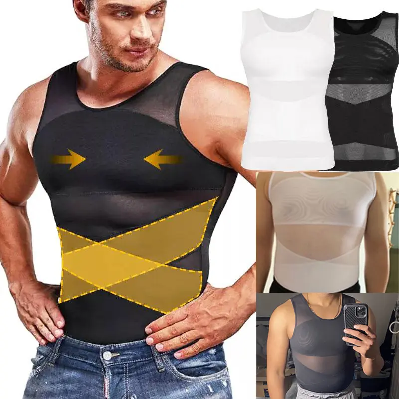 Menswear Men's Compression Tank Top - 1/2/3 Pack Solid Elastane Shapewear, Lightweight Mesh, Tummy Control, Back Support
