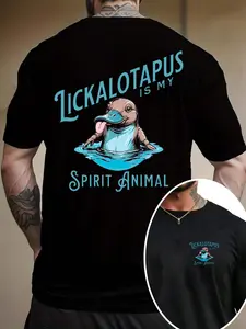 Men's Cartoon Lickalotapus Print Round Neck Tee, Regular Fit Casual Short Sleeve T-shirt, Men's Summer Top for Daily Wear, Tropical, Casual Style Tee