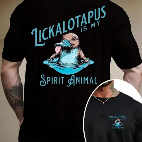 Men's Cartoon Lickalotapus Print Round Neck Tee, Regular Fit Casual Short Sleeve T-shirt, Men's Summer Top for Daily Wear, Tropical, Casual Style Tee, Casual Fashion Tee