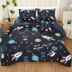 Twin Space Comforter Set for Kids,6 Piece Bed in A Bag 3D Galaxy Space Rocket Planets Bedding Set for Teens Boys Girls with Pillowcases, Flat Sheet,Fitted Sheet, Cushion Cover
