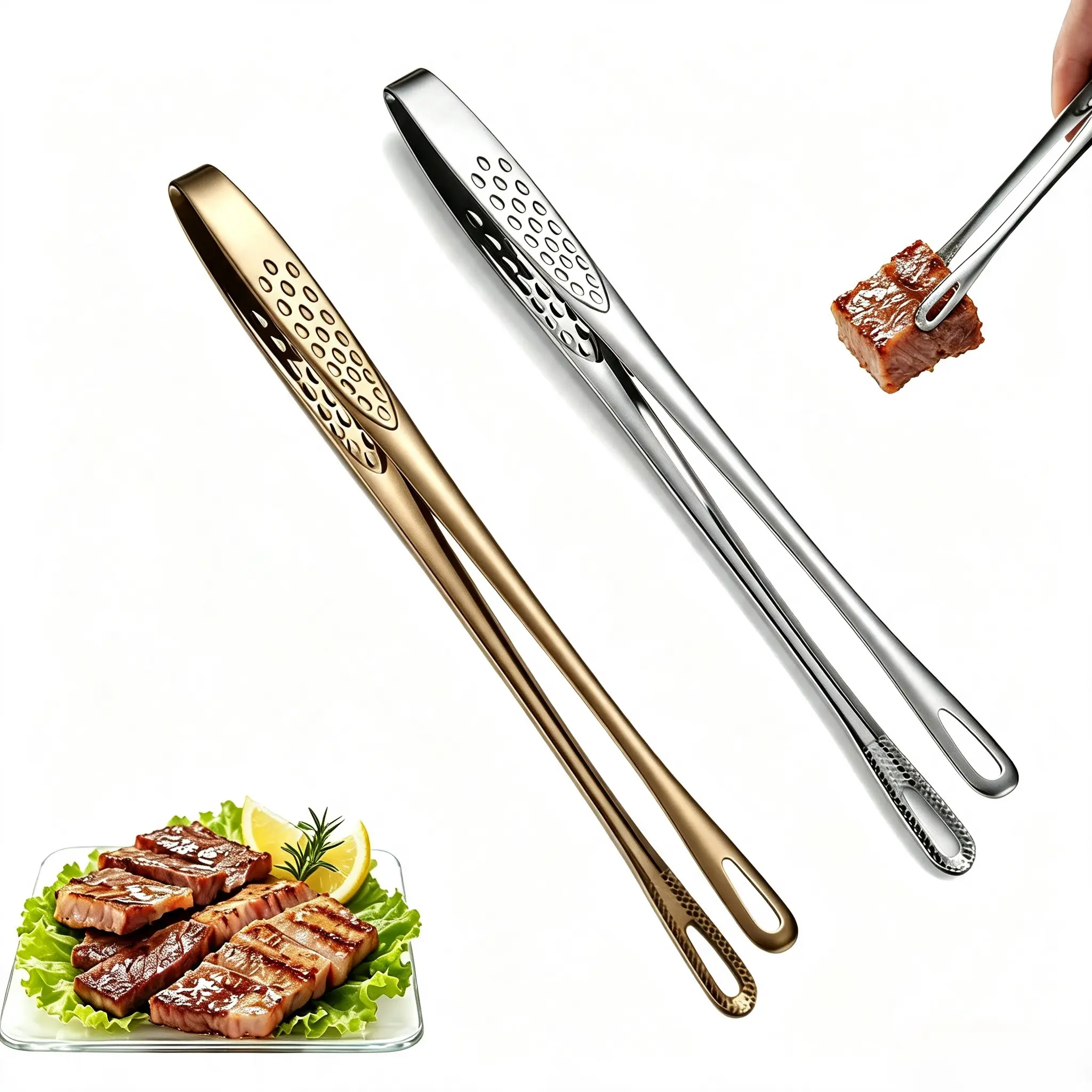 2 Pack 11in Heavy-Duty Stainless Steel BBQ Tongs with Extended Integrated Handle,Heat Resistant Grill Tools,Multipurpose Food Clips for Korean Grill,Hot Pot,Baking,Steak,Seafood & Buffet Serving