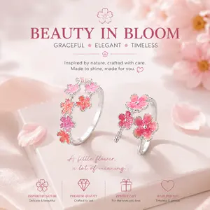 Cherry Blossom Adjustable Open Ring Set for Women, Pink Enamel Flower Rings, Cute Floral Finger Ring, Adjustable Size, Silver Color Fashion Jewelry, Sweet Romantic Gift for Girls, Spring Sakura Ring Set for Daily Wear, Party, Birthday and Valentine's Day
