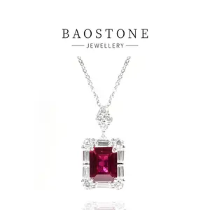 BAOSTONE Lab Created Artificial Gemstone Ruby 925 Silver Synthetic Ruby Necklace-EMERALD CUT AND RED ZIRCON NECKLACE-#T115