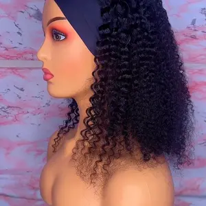 nky Curly Headband Wig Human Hair 16 Inch Headband Wigs for Women Human Hair Glueless None Lace Front Curly  Hair Wear and Go Glueless Wig 250 Density Natural Black Color