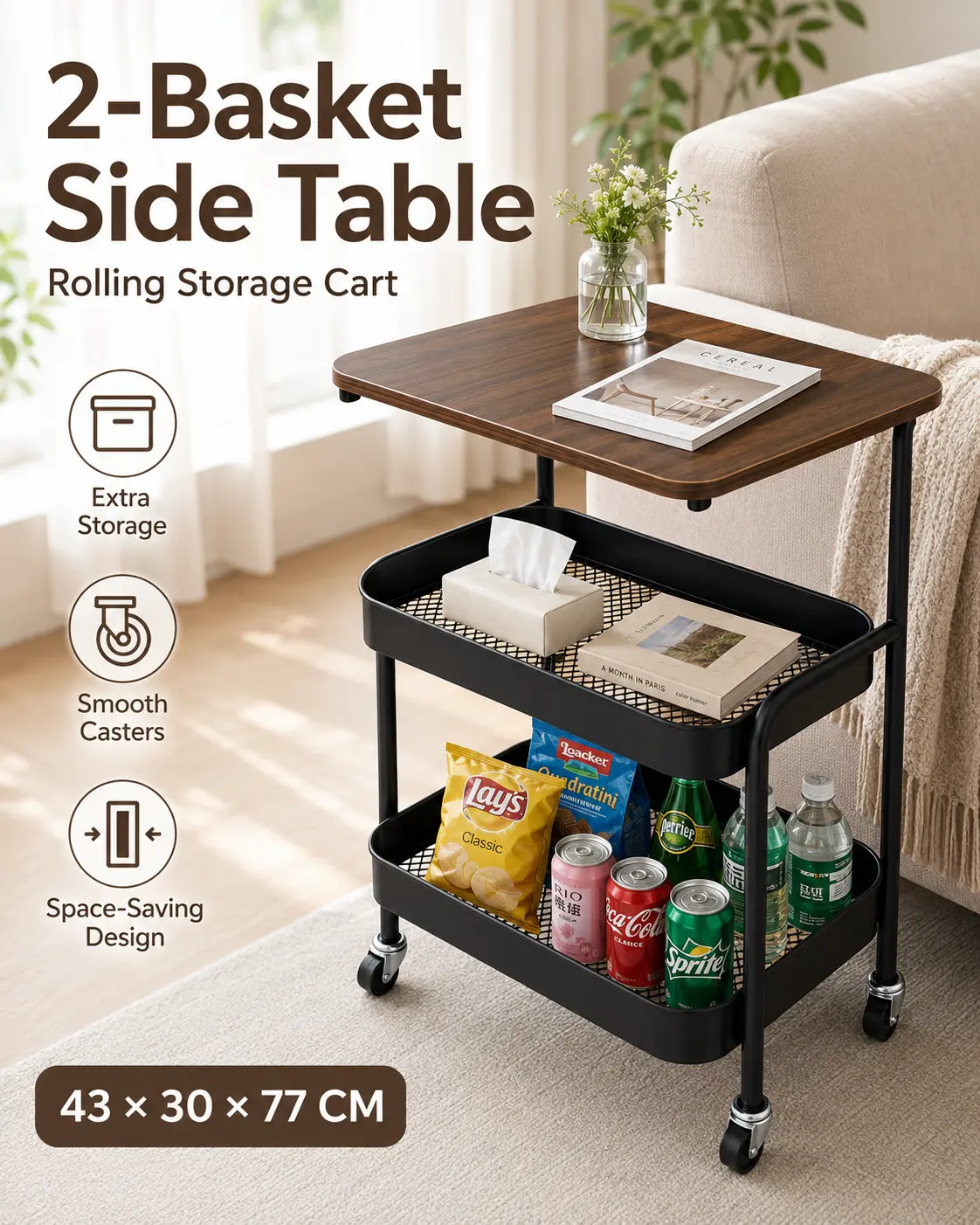 Modern 2-Tier Rolling Side Table with Storage Baskets, Black Stainless Steel Frame & Wood Top, Mobile End Table Cart for Living Room, Bedroom, Sofa Side, Office,White