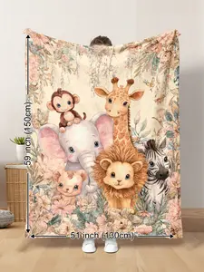 Watercolor-style cute forest animals - elephant, monkey, giraffe, lion - printed plush throw blanket. Warm and suitable for all seasons. Suitable for living room, sofa, recliner, bedroom, travel, camping, as a gift.