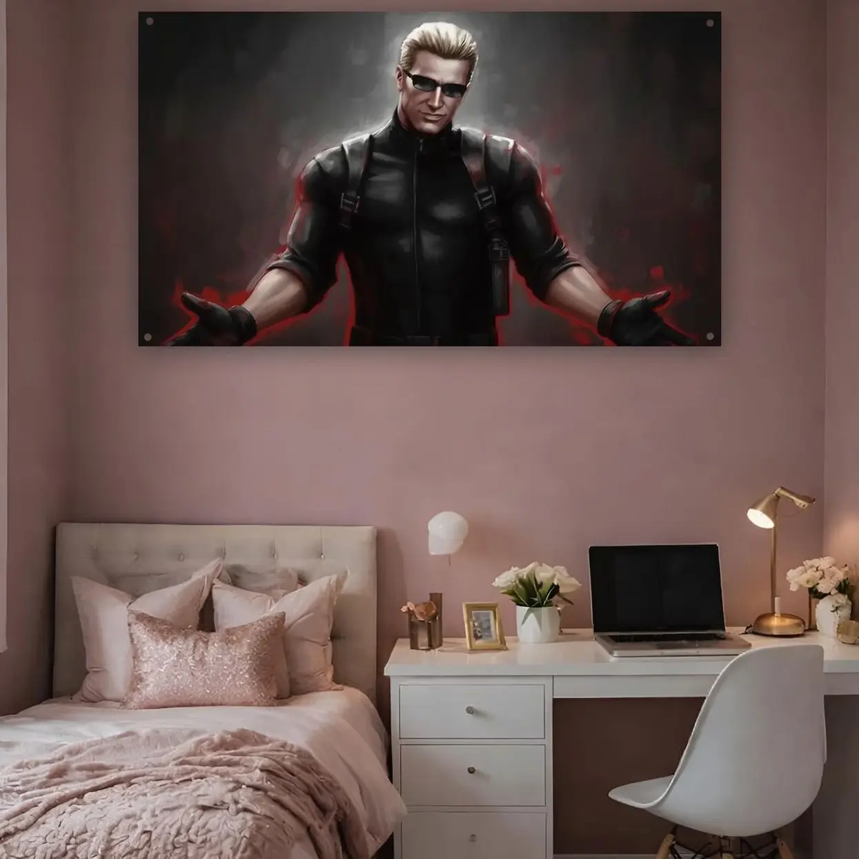 Albert Wesker Flag, Resident Evil Pink Tapestry, Villain Gaming Wall Decor, Frat Room Flag, Resident Evil Fan Gift