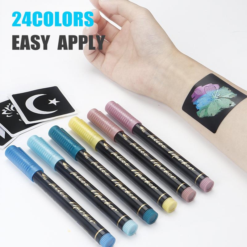 10-Color Washable Tattoo Marker Pens for Kids and Adults, Body&Face Art Drawing Kit with Tattoo Stencils,Skin-Safe Non-Toxic Temporary Tattoos for Kids Adults, Flexible Brush Tip,Bright colors,Cosmetic Quality for DIY Designs, Party Makeup, Christmas gift