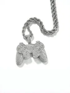 Iced Out Game Controller Pendant Necklace 18K Gold Plated Cubic Zirconia Bling Gamer Hip Hop Jewelry Gift for Men Women