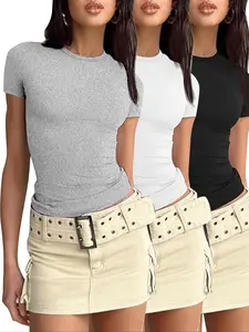 Women's 3pcs Plain Round Neck Loungewear Tee, Casual Basic Short Sleeve T-shirt for Daily Wear, Ladies Sleepwear, Summer Outfits 2024