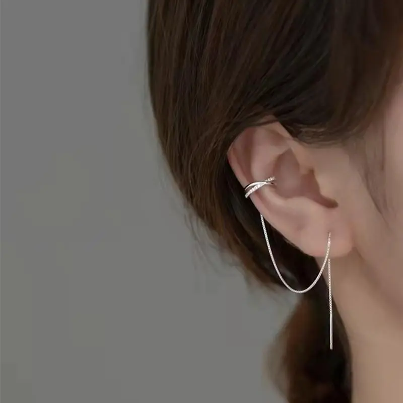 Women's No Piercing Irregular Geometric Rhinestone Ear Clips - Silver Tassel Ear Wires, Elegant Statement Piece Fashion Costume Jewelry Accessories, Tassel Wire
