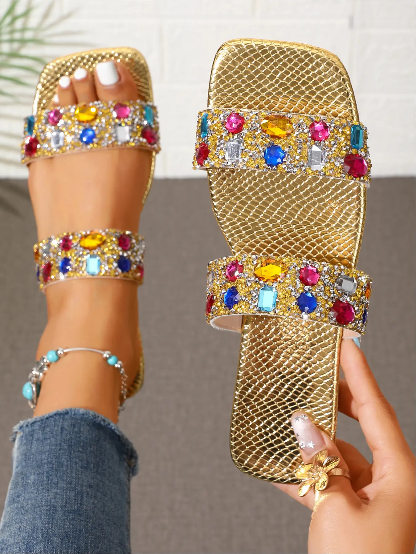 Women's Multicolor Rhinestone Double Band Slide Sandals, Square Toe Flat Shoes for Summer, Casual Flat Sandals