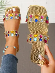 Women's Multicolor Rhinestone Double Band Slide Sandals, Square Toe Flat Shoes for Summer