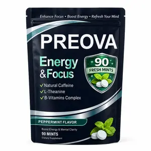 PREOVA Natural Caffeinated Energy & Focus Mints - Peppermint Flavor, 90-Count Blended Vitamin Supplement for Sports & Daily Use