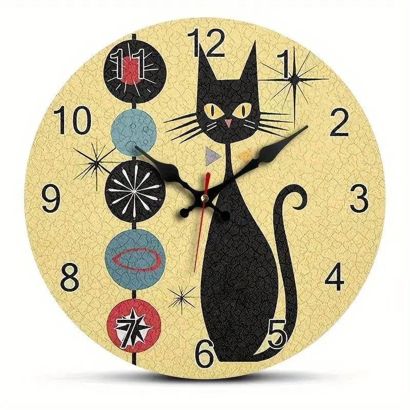 1pc, Modern Cool Cat Wall Clock in a Medieval Style, Silent Quartz Round Wooden Clock, Suitable for Decorating Bedrooms, Living Rooms, Offices, tchens, And Bathrooms, Battery-Operated (Batteries Not Included)12 Inch