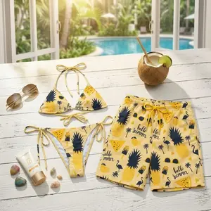 [Hot Summer 2026] - Hello Summer Pineapple Couple Set, Matching Bikini & Men Shorts Tropical Beach Design