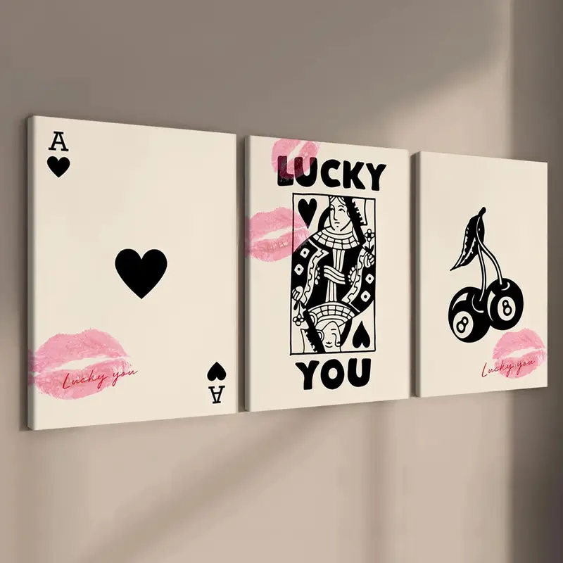 Wooden Framed Canvas Painting, 3 Counts/set Lucky Card Pattern Wall Art, Fashion Art Wall Decor, Modern Art Design, Home Decoration Poster for Living Room, Bedroom, Art Work For Wall Decor Decoration Items
